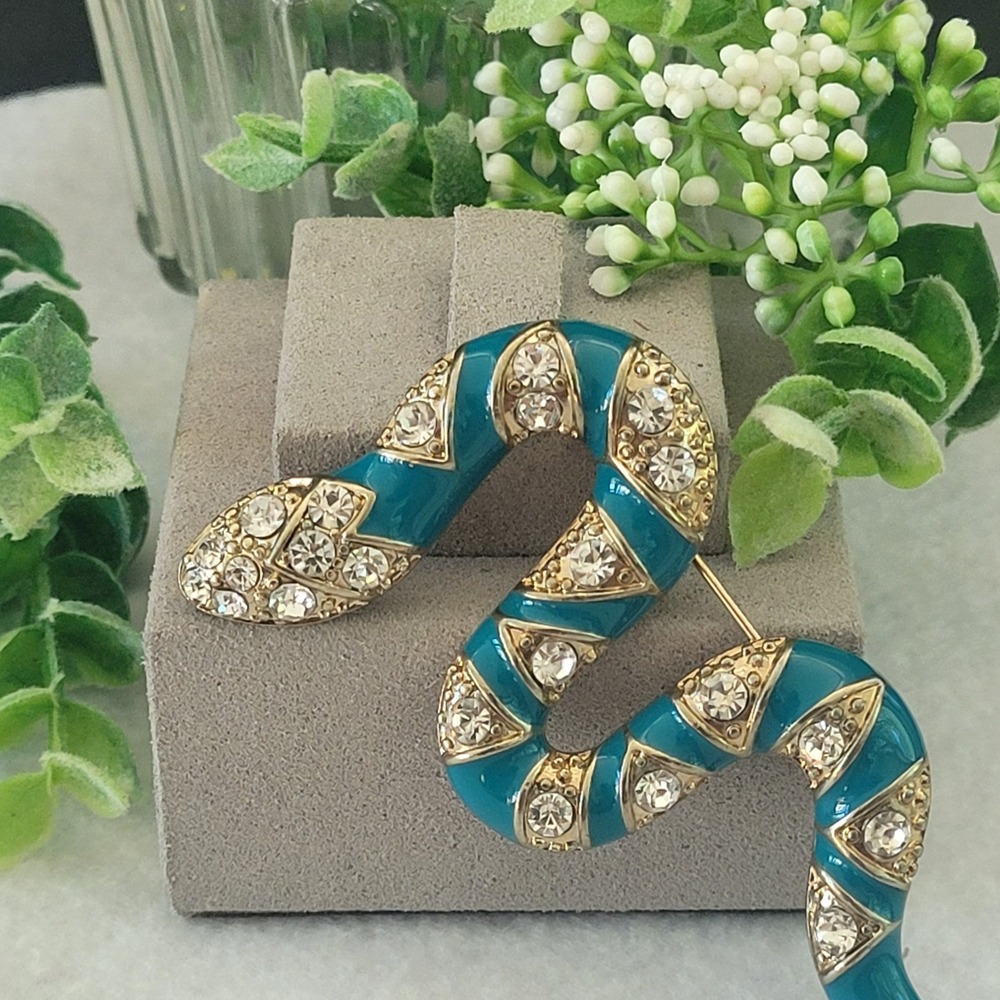 Art Deco Revival Turquoise Enamel Rhinestone Snake Brooch Gold Tone 3 Inch